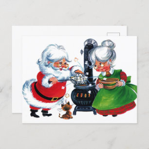 retro vintage Christmas Santa Mrs. Claus Holiday Postcard