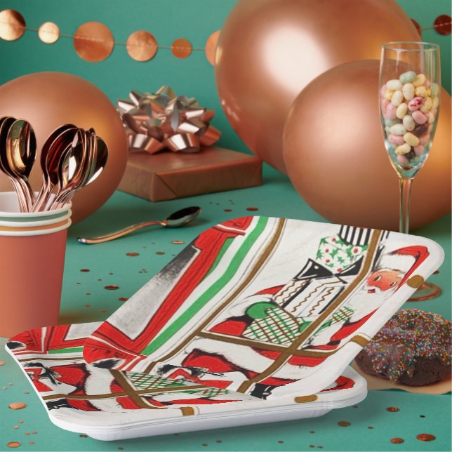 Retro vintage Christmas Santa party Paper Plates (Multi)