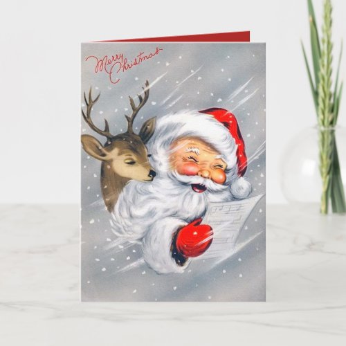 Retro vintage Christmas Santa reindeer add message Holiday Card