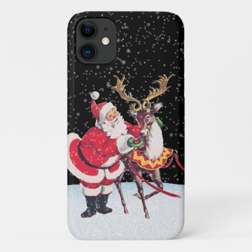retro vintage Christmas Santa reindeer iPhone 11 Case