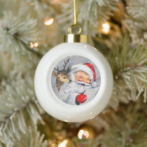retro vintage Christmas Santa reindeer Ceramic Ball Christmas Ornament