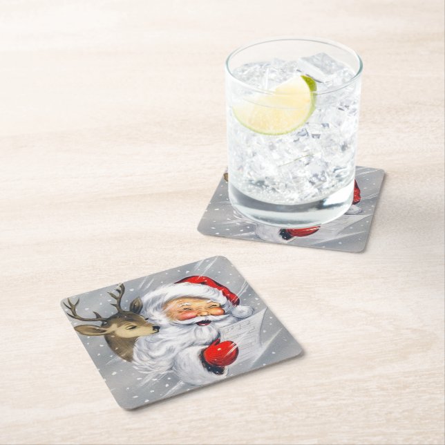 Retro vintage Christmas Santa reindeer coaster (Insitu)