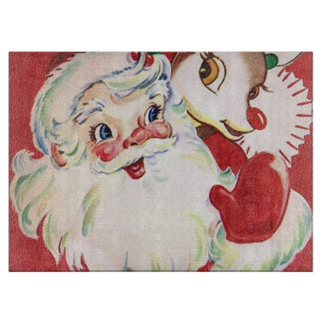 Retro vintage Christmas Santa reindeer cutting Cutting Board (Front)