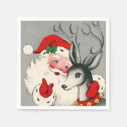 retro vintage Christmas Santa reindeer Holiday Napkins