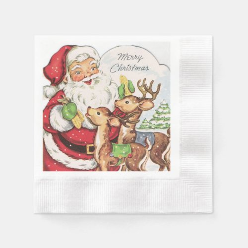 retro vintage Christmas Santa reindeer Holiday Napkins