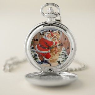 retro vintage Christmas Santa reindeer Holiday Pocket Watch