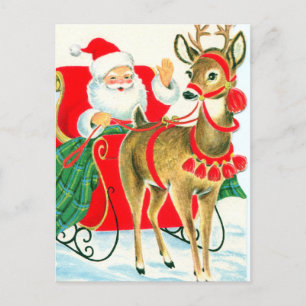 retro vintage Christmas Santa reindeer Holiday Postcard