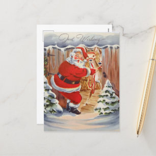 retro vintage Christmas Santa reindeer Holiday Postcard
