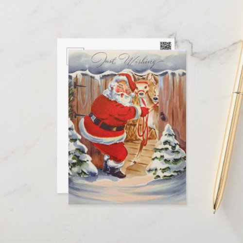 retro vintage Christmas Santa reindeer Holiday Postcard