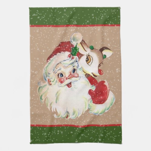 Retro vintage Christmas Santa reindeer kitchen Kitchen Towel