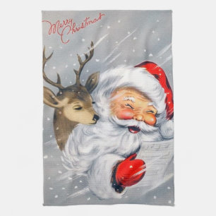 retro vintage Christmas Santa reindeer Kitchen Towel
