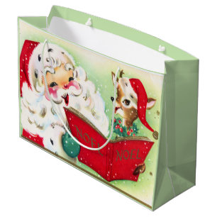 retro vintage Christmas Santa Reindeer Large Gift Bag