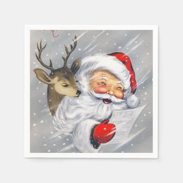 Retro vintage Christmas Santa reindeer party Napkins (Front)