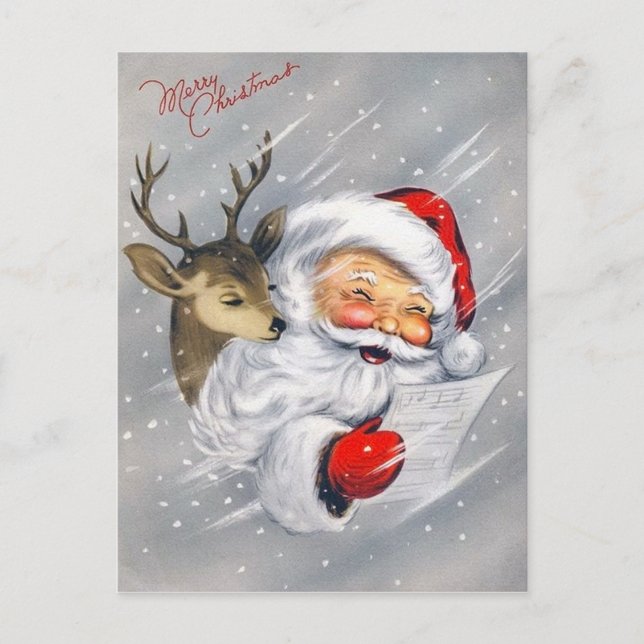 Retro vintage Christmas Santa reindeer postcard (Front)