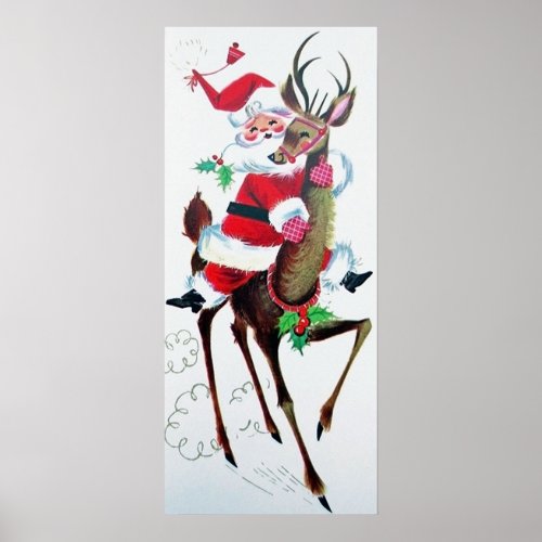 Retro vintage Christmas Santa reindeer poster