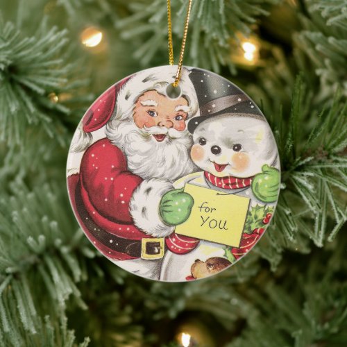 retro vintage Christmas Santa snowman Holiday Ceramic Ornament