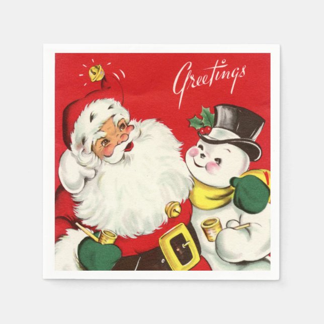 retro vintage Christmas Santa snowman Holiday Napkins (Front)