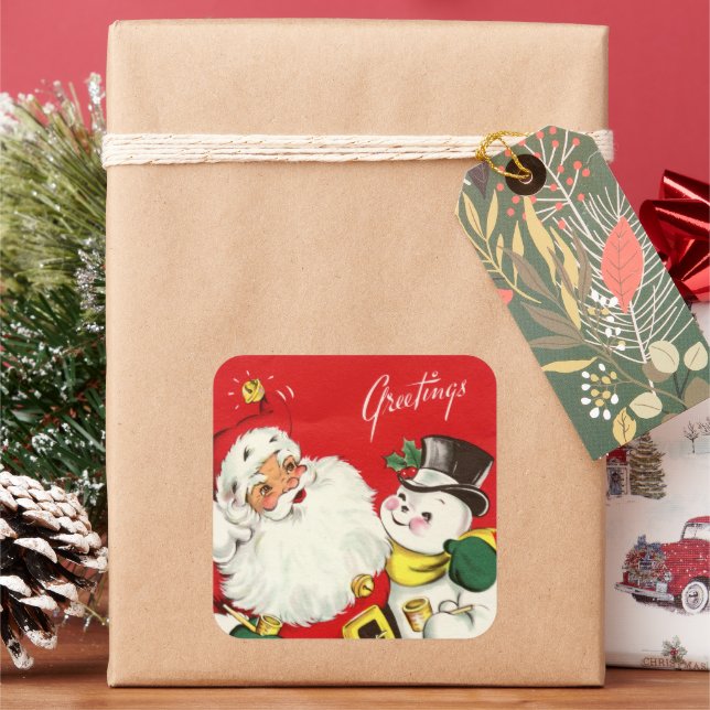 retro vintage Christmas Santa snowman Holiday Square Sticker (Holiday)