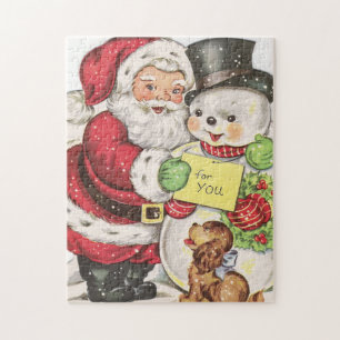 retro vintage Christmas Santa snowman Jigsaw Puzzle