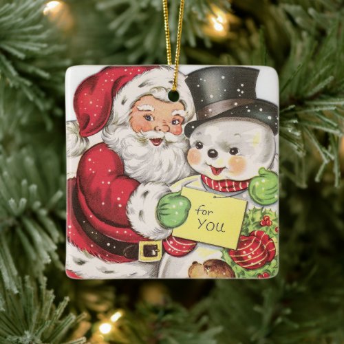 retro vintage Christmas Santa snowman sentiment Ceramic Ornament