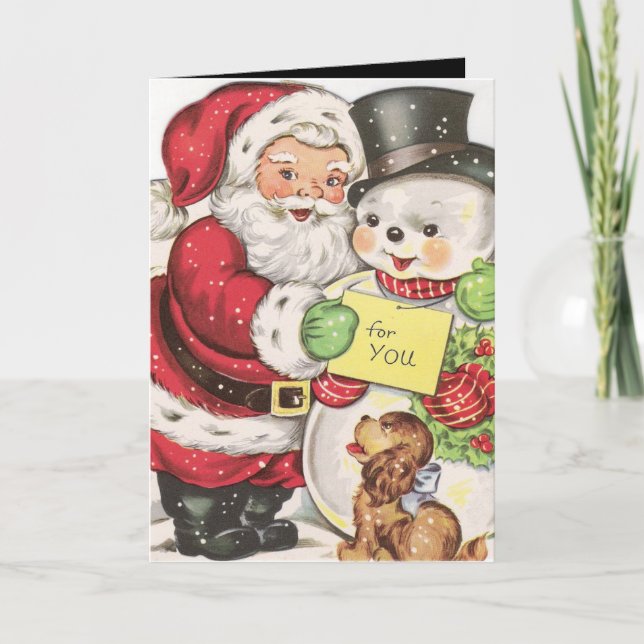 retro vintage Christmas Santa snowman sentiment Holiday Card (Front)