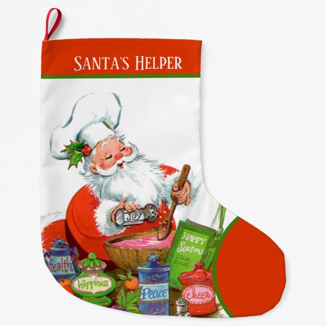 retro vintage Christmas Santa's helper  Large Christmas Stocking (Front)