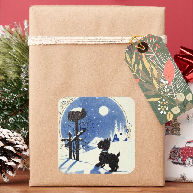 retro vintage Christmas Scotty dog Square Sticker (Holiday)