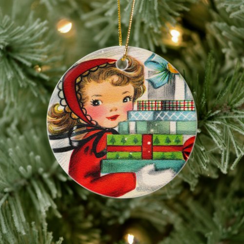 Retro vintage Christmas shopping girl ornament