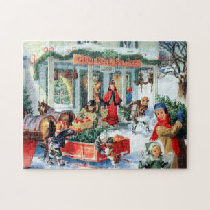 retro vintage Christmas shopping Holiday Jigsaw Puzzle
