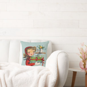 Retro vintage Christmas shopping lady decor Throw Pillow
