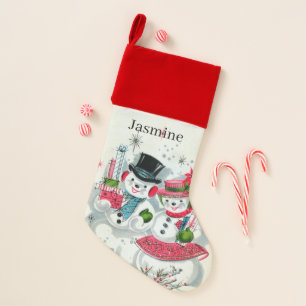 retro vintage Christmas snow couple add name Christmas Stocking