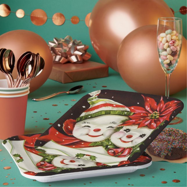 retro vintage Christmas snow couple Holiday Paper Plates (Multi)