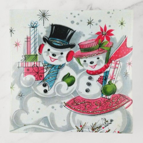 retro vintage Christmas snow couple Holiday Trinket Tray