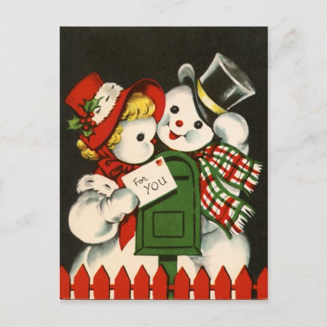 Retro vintage Christmas snow couple postcard (Front)