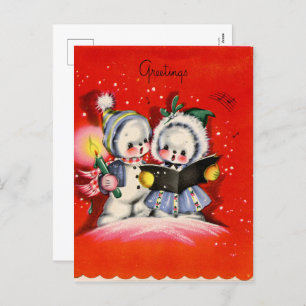 retro vintage Christmas snow kids caroling Holiday Postcard