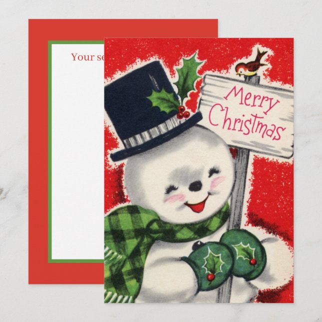 retro vintage Christmas snowman add sentiment Holiday Card (Front/Back)
