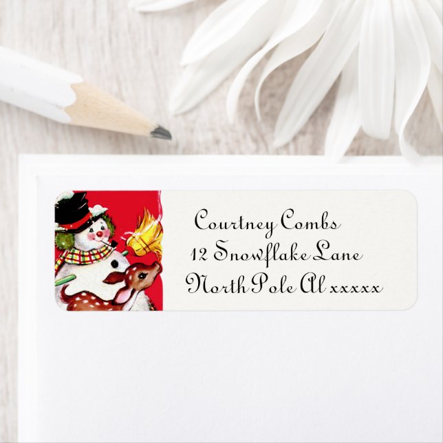 retro vintage Christmas snowman and reindeer  Label (Insitu)