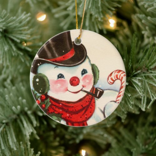 retro vintage Christmas snowman Holiday Ceramic Ornament