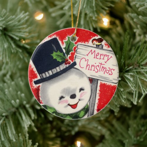 Retro vintage Christmas snowman Holiday Ceramic Ornament