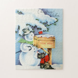 retro vintage Christmas snowman Holiday Jigsaw Puzzle