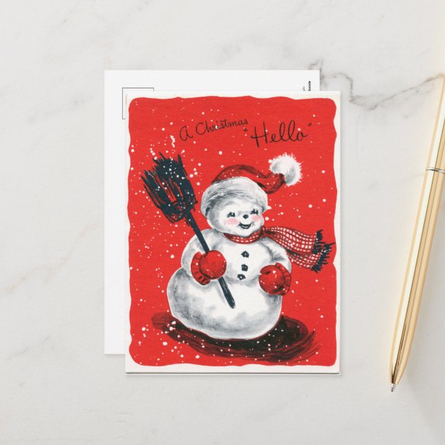 retro vintage Christmas snowman  Holiday Postcard (Front/Back In Situ)