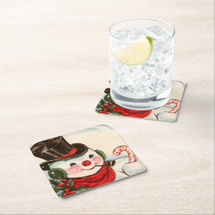 retro vintage Christmas snowman Holiday Square Paper Coaster