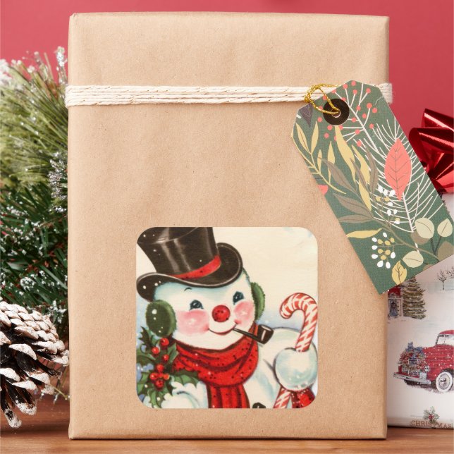 retro vintage Christmas snowman Holiday Square Sticker (Holiday)