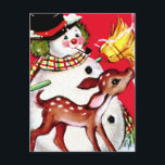retro vintage Christmas snowman reindeer  Holiday Postcard<br><div class="desc">retro vintage Christmas snowman reindeer Holiday Postcard</div>