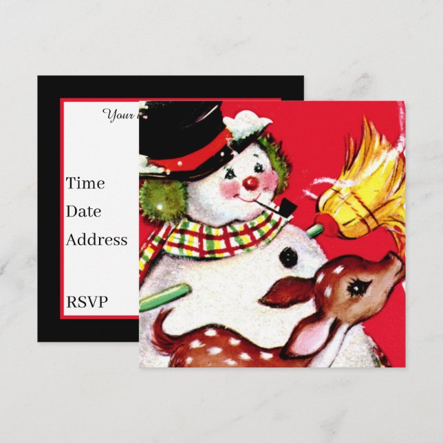 retro vintage Christmas snowman reindeer  Invitation (Front/Back)