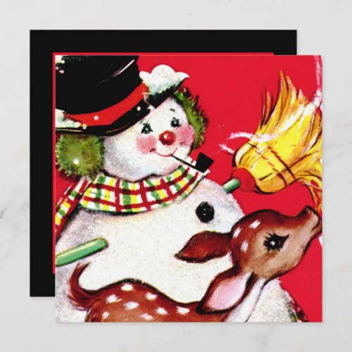 retro vintage Christmas snowman reindeer  Invitation