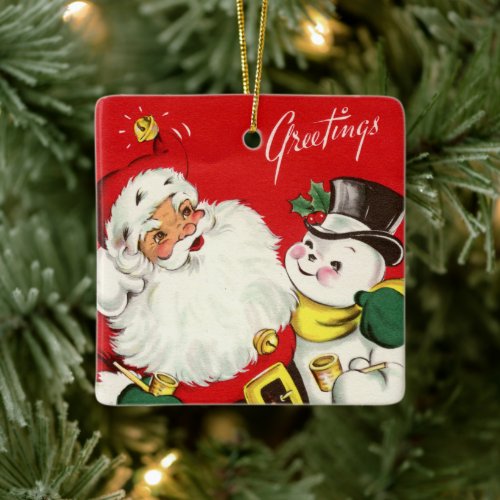 retro vintage Christmas snowman Santa sentiment Ceramic Ornament
