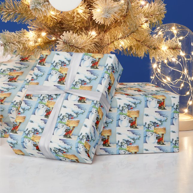 retro vintage Christmas snowman tiled party Wrapping Paper (Holidays)
