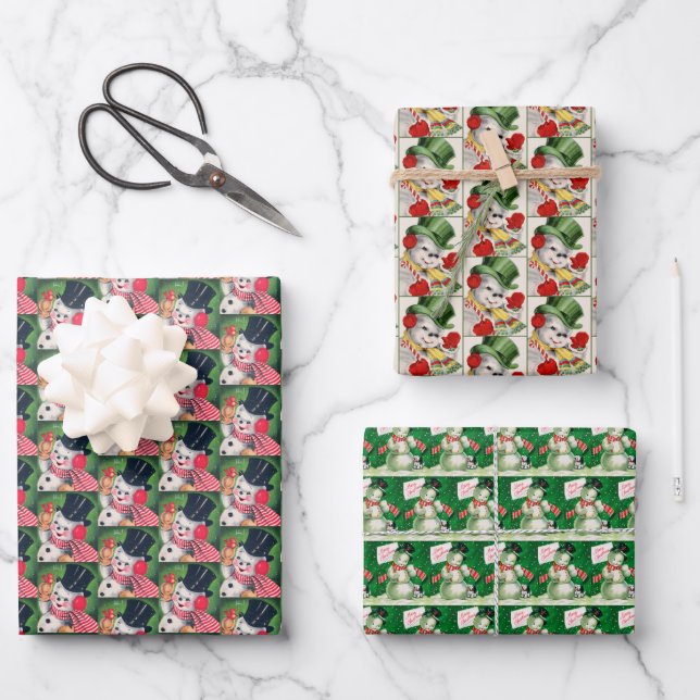 retro vintage Christmas snowmen Holiday Wrapping Paper Sheets (Front)