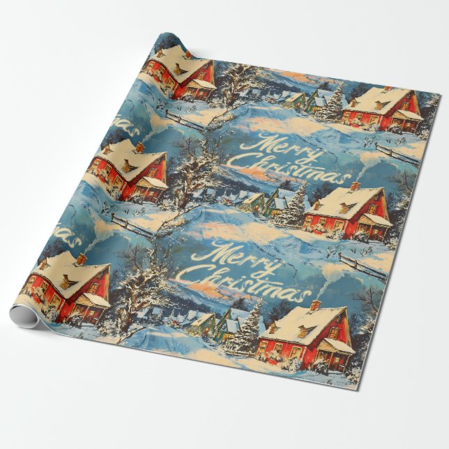 Retro Vintage Christmas: Snowy Village Scene Wrapping Paper (Unrolled)